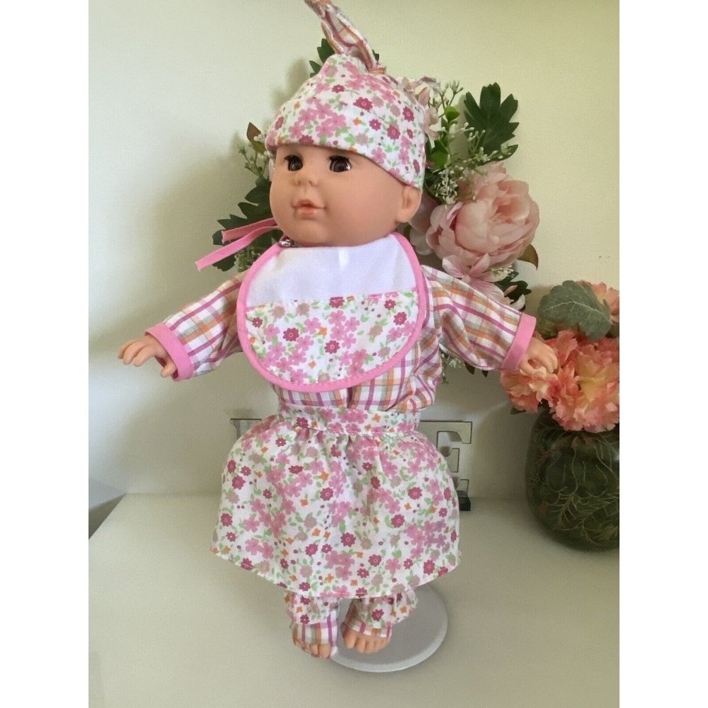 Gi Go Toys Baby Doll Vinyl Face Soft Body 14 in Pink Romper w Skullcap Shoes EUC